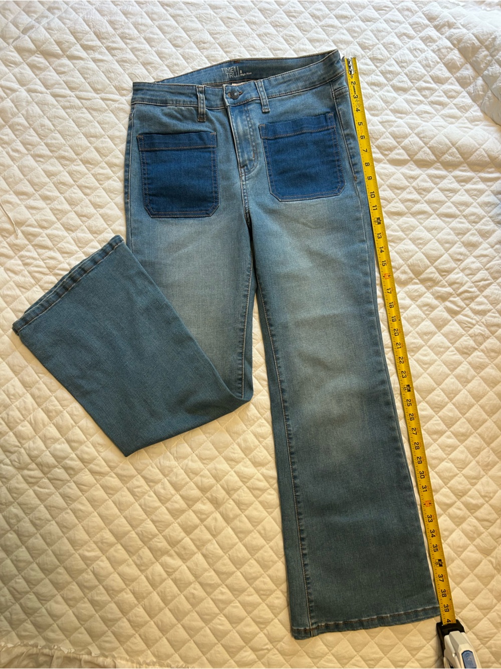 Time and Tru Light Blue High-Rise Jeans with Dark Blue Patch Pockets